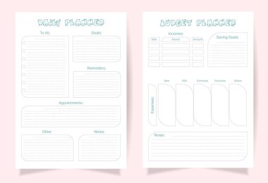 Kişisel bütçe planlayıcısı ve günlük planlayıcı a4 formatında. Yazdırılabilir şablon ve boş defter sayfası