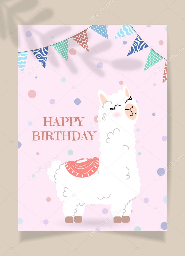 Holiday card with a happy and cute llama in the hand-drawn style