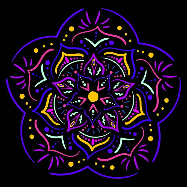Koyu arkaplanda elle çizilmiş neon mandala