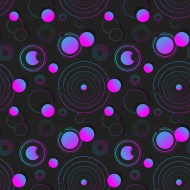 Koyu bir arka planda, neon mavi ve mor eğimli daireler üzerinde pürüzsüz bir desen.