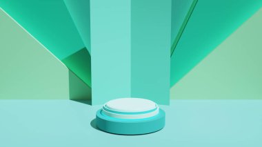 Ürün sunumu için Mockup podyumu, Cyan soyut geometri 3d görüntüleme, 3d illüstrasyon