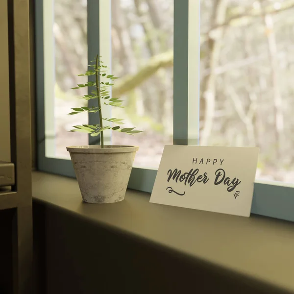 Glad Mamma Dag Vid Fönstret Med Kruka Blomma Kyla — Stockfoto