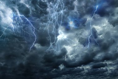 Lightnings in dark cloudy sky during thunderstorm - 3D Rendering clipart