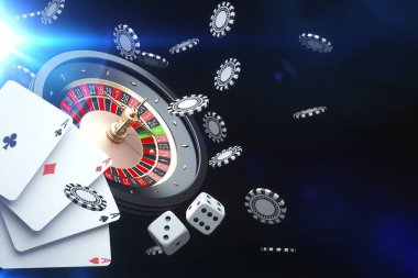 Vegas Oyunları Kumarhanesi Online, Poker kartları, rulet, kumar zarları, Kumarhane Kumarhanesi Sancak Arkaplanı Siyah Arkaplan Grafik Kavramı - 3D