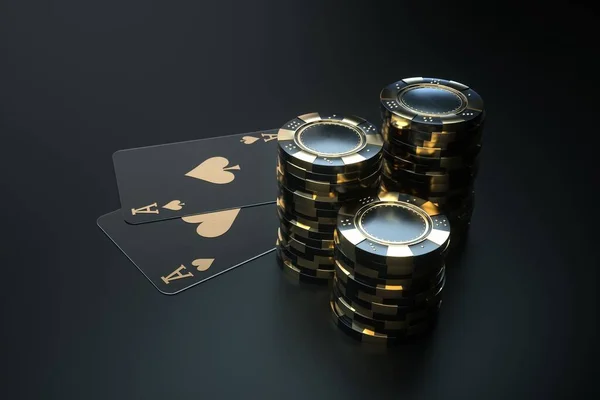 Casino Chips Aces Modern Black Golden Isolated Black Background Place — Stock Photo, Image