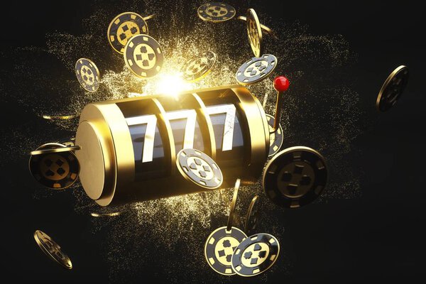 Futuristic Slot Machine And Casino Chips Concept With Gold And Black Colors Isolated On The Black Background - 3D Illustration