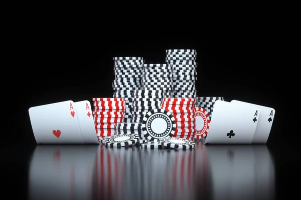 Casino Fichas Tarjetas Aisladas Sobre Fondo Negro Renderizado Ilustración — Foto de Stock
