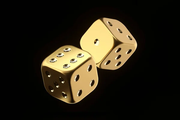 3D渲染黄金赌场骰子孤立在黑色背景 数字艺术 赌博和赌博 风险和报酬 — 图库照片