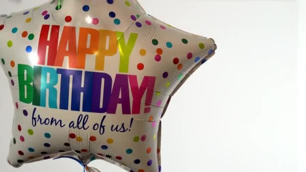 Colorful Words Happy Birthday Written Helium Balloon Confetti Air White — Stock Video