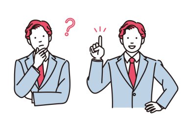 Düşünen veya gülümseyen bir iş adamının 2 pozdan oluşan basit bir çizimi.