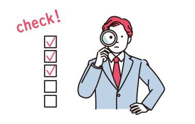 2 pozdan oluşan bir büyüteçle bakan bir iş adamının basit bir çizimi.