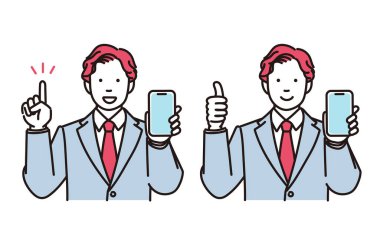 Bir iş adamının güzel poz verirken ya da açıklarken telefonunu göstermesinin basit bir çizimi.