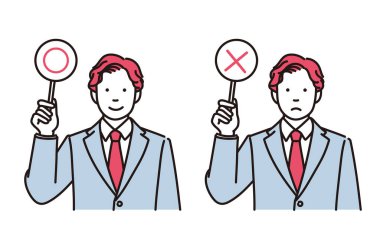 Doğru ya da yanlış cevap etiketi taşıyan bir iş adamının basit bir çizimi, 2 pozlu.