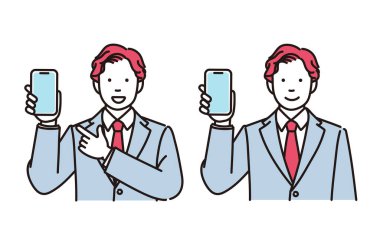 Telefonunu gösteren bir iş adamının basit bir çizimi, 2 pozu var.