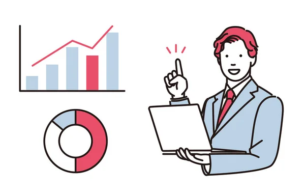 Ilustración Simple Hombre Negocios Mirando Ordenador Portátil Explicando Mostrando Gráfico — Archivo Imágenes Vectoriales