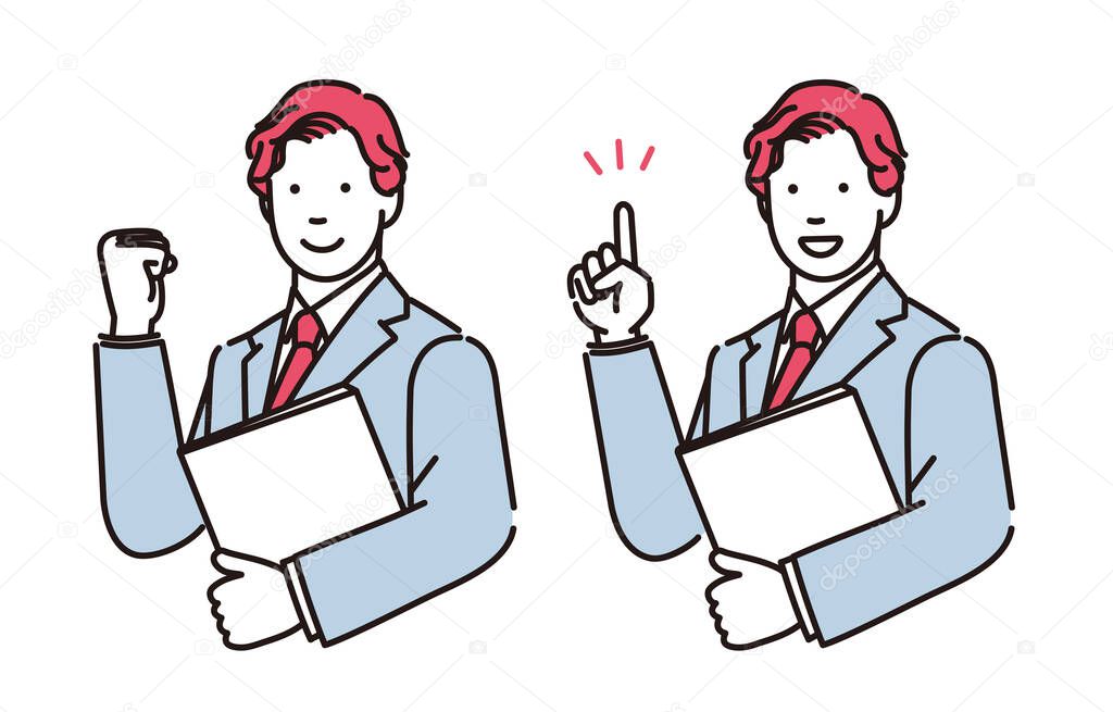 Simple illustration of a businessman holding a document under his arm, explaining something or triumphant pose.