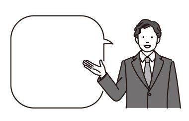 Açıklama yapan bir iş adamının siyah-beyaz çizimi (solda bir konuşma balonu ile))