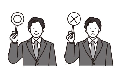 Doğru ya da yanlış cevap etiketi taşıyan bir iş adamının siyah-beyaz çizimi, 2 pozlu