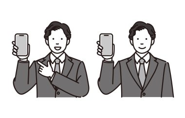 Telefonunu gösteren bir iş adamının siyah-beyaz çizimi, 2 pozlu.