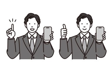Bir iş adamının güzel poz verirken ya da açıklarken telefonunu gösteren siyah beyaz bir çizim.