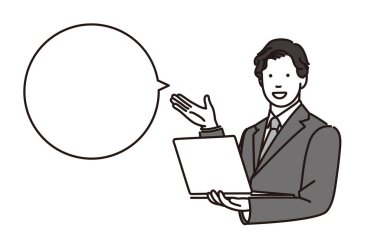 Bir iş adamının laptopa bakarken yaptığı açıklamanın siyah-beyaz çizimi.