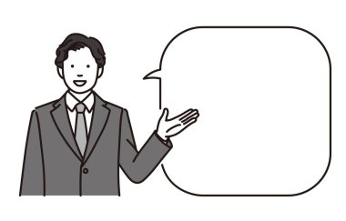 Bir iş adamının siyah-beyaz çizimi açıklama yapıyor (sağda bir konuşma balonu ile))