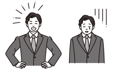 Mutlu ya da depresif bir iş adamının siyah beyaz çizimi..