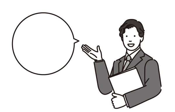 Ilustração Preto Branco Empresário Explicando Algo Com Documento Sob Seu — Vetor de Stock
