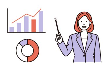 Grafik gösteren ve işaret çubuğuyla açıklayan basit bir iş kadını çizimi.