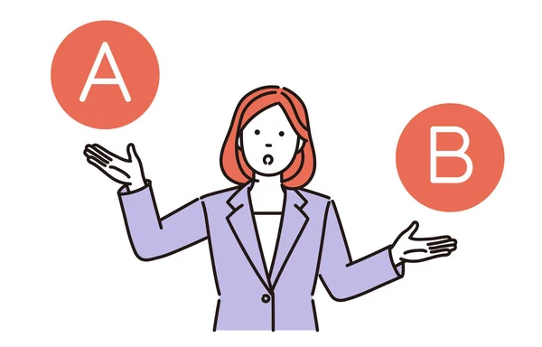 Ilustração Simples Uma Mulher Negócios Pensando Mostrando Duas Opções — Vetor de Stock