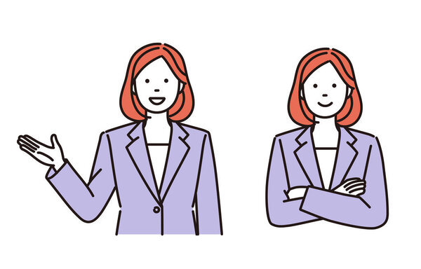 Simple illustration of a businesswoman explaining or smiling and crossing his arms, set of 2 poses
