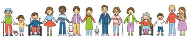 Protezler, tekerlekli sandalyeler, görme engelliler, işitme engelliler, çeşitli ırktan ve yaşlardan insanlar.