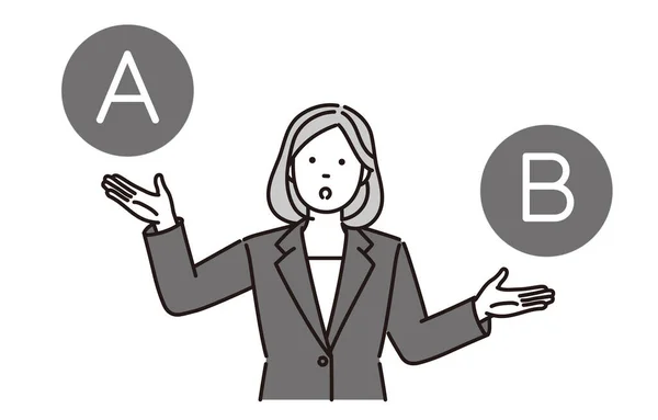 Ilustração Preto Branco Uma Mulher Negócios Pensando Mostrando Duas Opções — Vetor de Stock