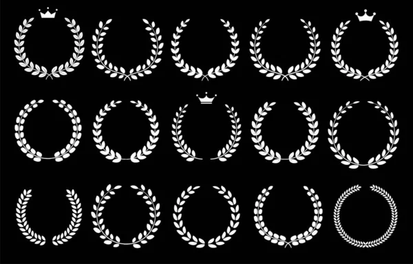 モノクロームシンプルな月桂樹の花輪イラストセット 黒の背景に白 — ストックベクタ