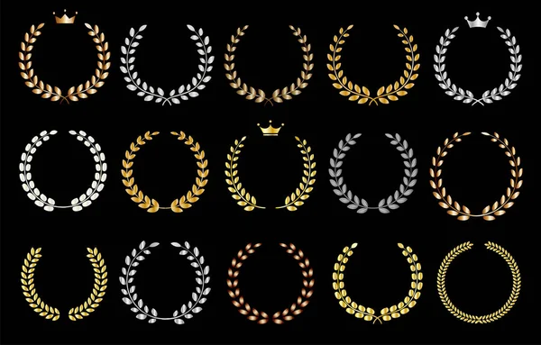Set Illustrazione Corona Alloro Oro Argento Bronzo Sfondo Nero — Vettoriale Stock