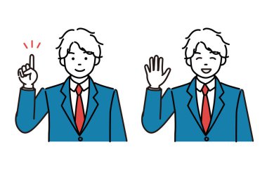 Simple illustration 2 pose set of male students giving explanations and greetings