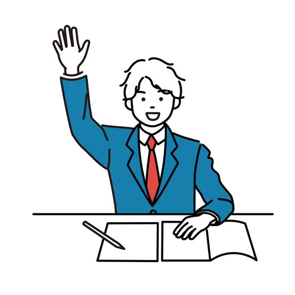 Ilustração Simples Estudante Sexo Masculino Levantando Mão Durante Aula — Vetor de Stock
