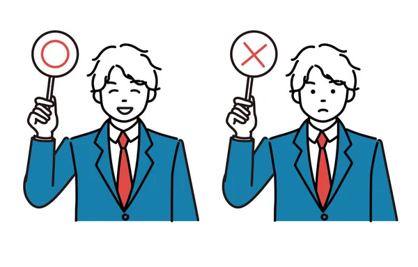 Simple Illustration Pose Set Male Student Holding Correct Incorrect Tag — Stockvector