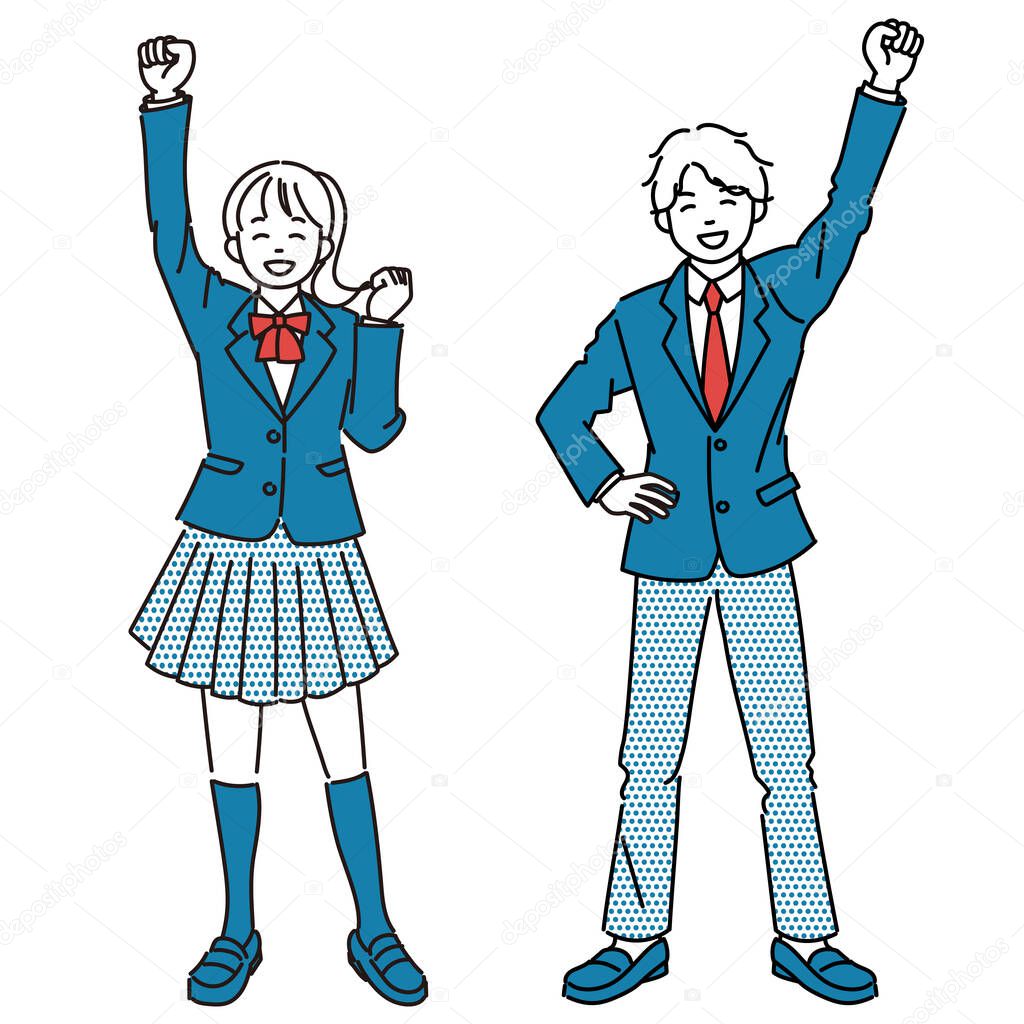 Simple illustration set of female students and male students who are pleased to push their fists up