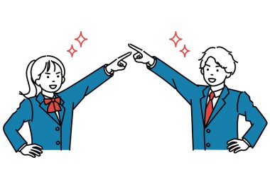 Bir erkek ve kız öğrencinin bir hedefi gösteren basit bir çizim.