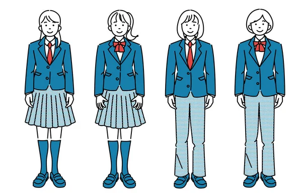 正面に立つ女子学生のシンプルなイラストセットには スラックスやスカートなど様々な制服を着用 — ストックベクタ