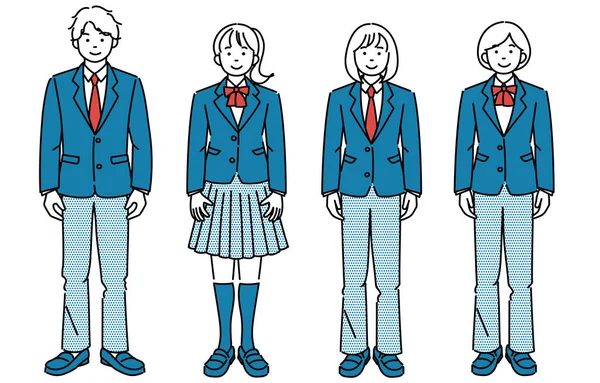 スラックスやスカートなど様々なタイプの制服を着た学生が正面に立つシンプルなイラストセット — ストックベクタ