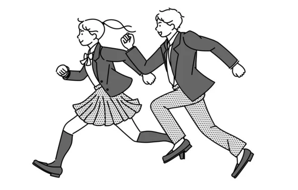 身着制服跑步的高中或初中男女学生的单色插图 — 图库矢量图片