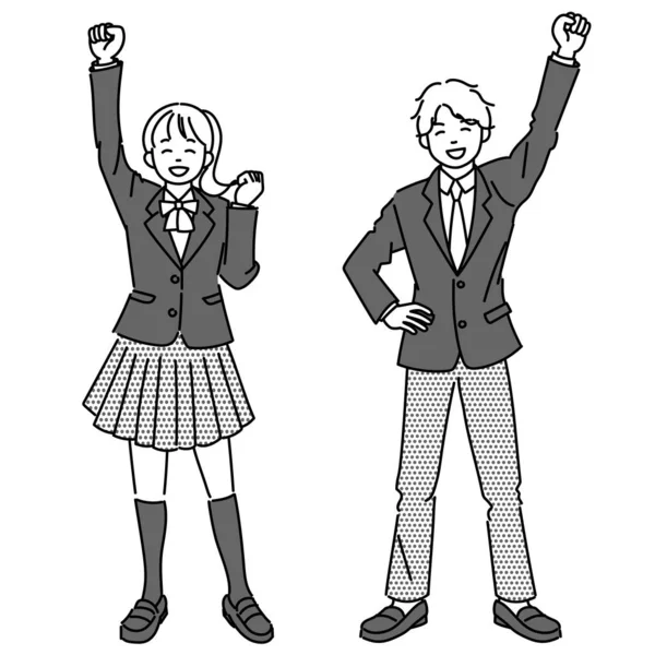 一组喜欢举起拳头的女生和男生的单色插图 — 图库矢量图片