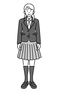 Önde duran bir kız öğrencinin tek renkli çizimi