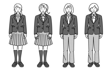 Tek renkli bir resim seti. Yüzü öne dönük duran bir kız öğrenci. Pantolon ve etek gibi çeşitli okul üniformaları giyiyor..