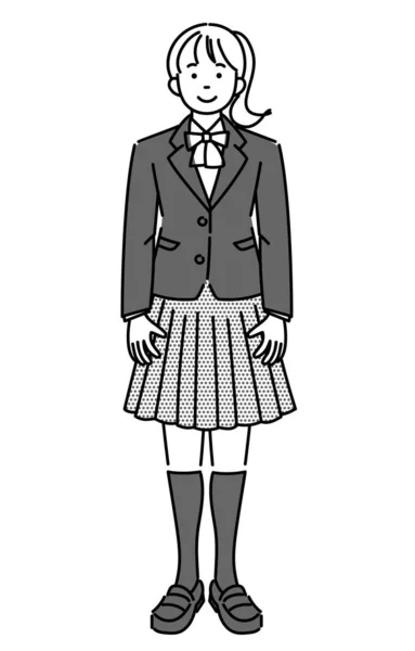 正面に立つ女子学生のモノクロームのイラスト — ストックベクタ