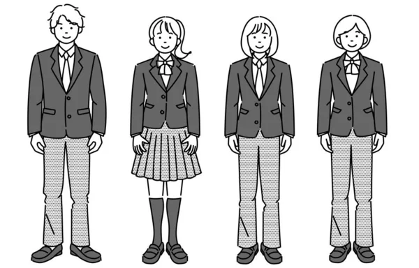 スラックやスカートなど様々な制服を着た学生が正面に立つモノクロームのイラストセット — ストックベクタ