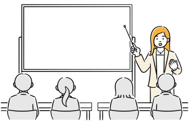 Bu, bir seminer öğretim görevlisi (kadın) ve açıklamayı dinleyen insanların sahne gösterimidir. Düzenlemesi kolay olan vektör verileri.