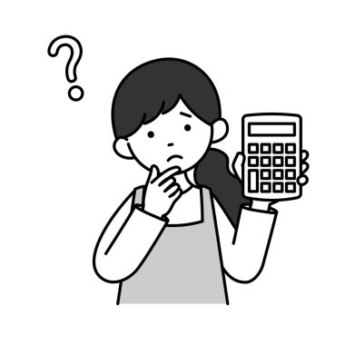 Hesap makinesiyle düşünen bir ev kadınının monokrom çizimi. Düzenlemesi kolay olan vektör verisi..